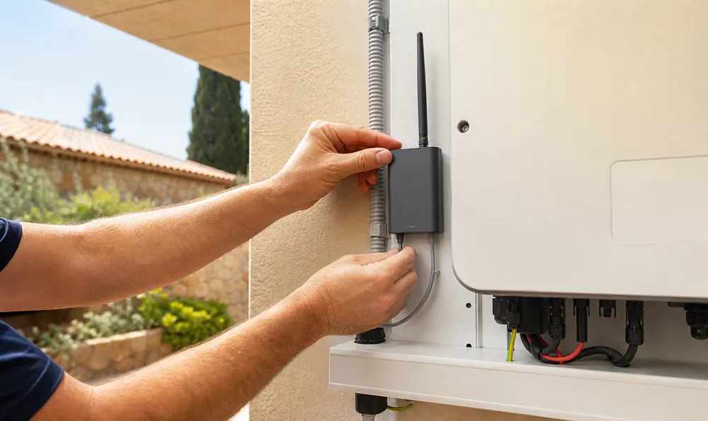 Técnico conectando un equipo de comunicación 4G junto a un inversor solar