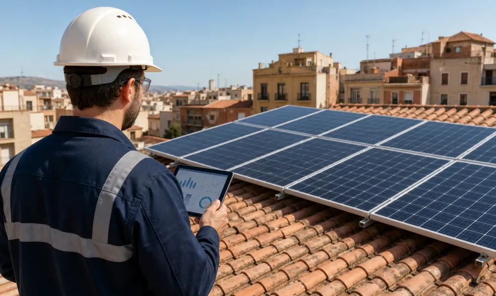 Técnico revisando datos de una instalación fotovoltaica en una cubierta de Tarragona
