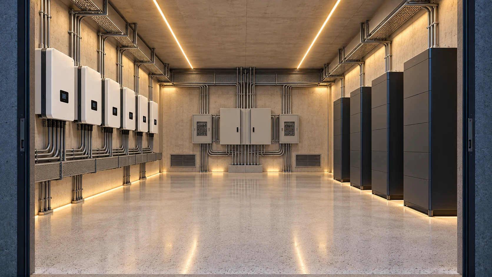 Sala técnica conceptual con inversores, baterías y canalizaciones ordenadas